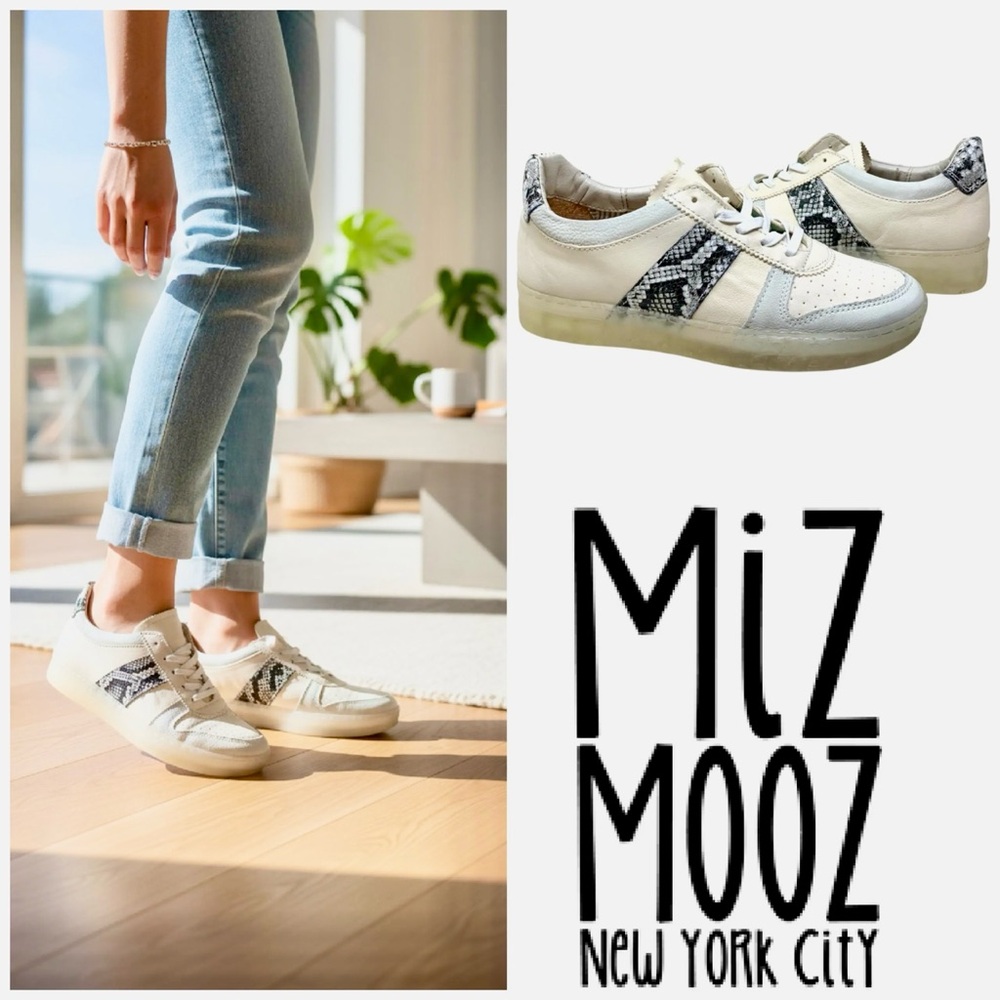 Miz Mooz Cream Leather Sneakers with Black Snake-Print Stripe Size 8-8.5